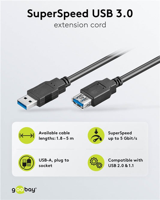 USB-Verlängerungskabel, USB 3.0, 1,8 m, schwarz
