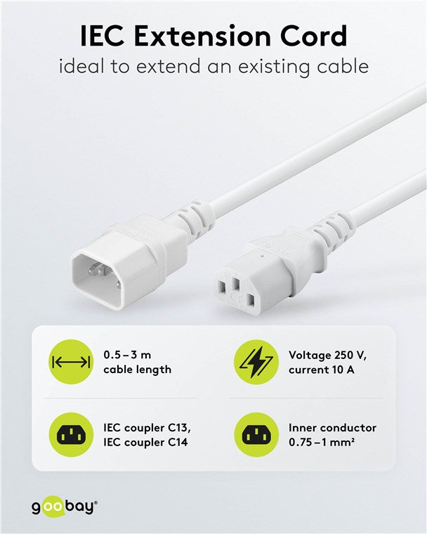 Kaltgeräte Verlängerungkabel, 0,5 m, Weiß, (3*0,75 mm²)