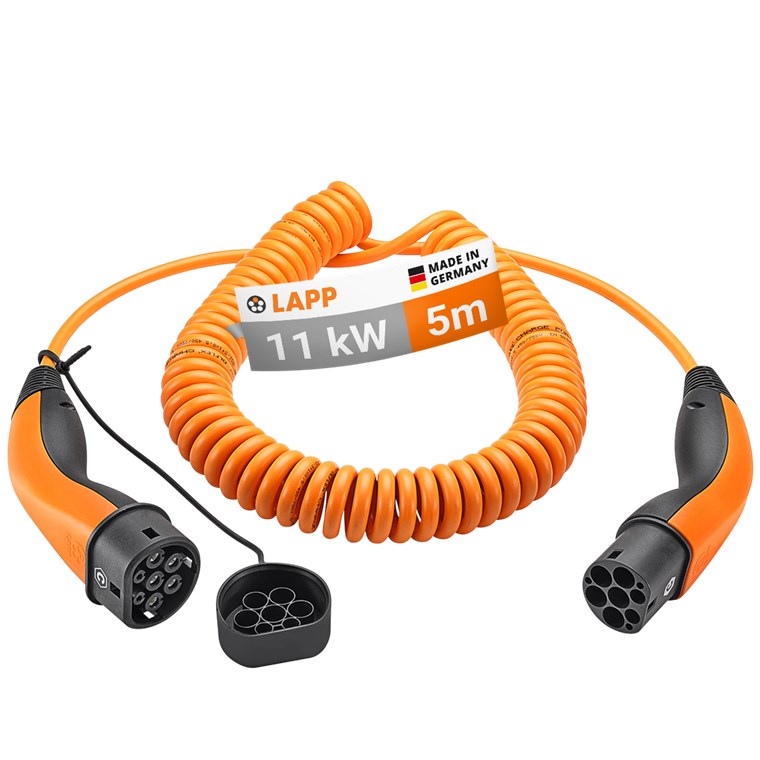 Spiral charging cable type 2, up to 11 kW, 5 m, orange