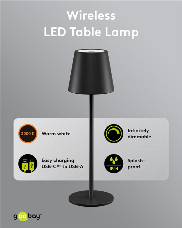 Kabellose LED-Tischleuchte, Größe M, 37 cm, schwarz