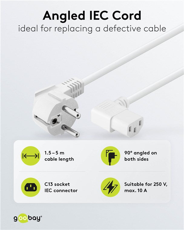 Beidseitig abgewinkeltes Kaltgeräte-Anschlusskabel, 5 m, Weiß, (3*1 mm²)