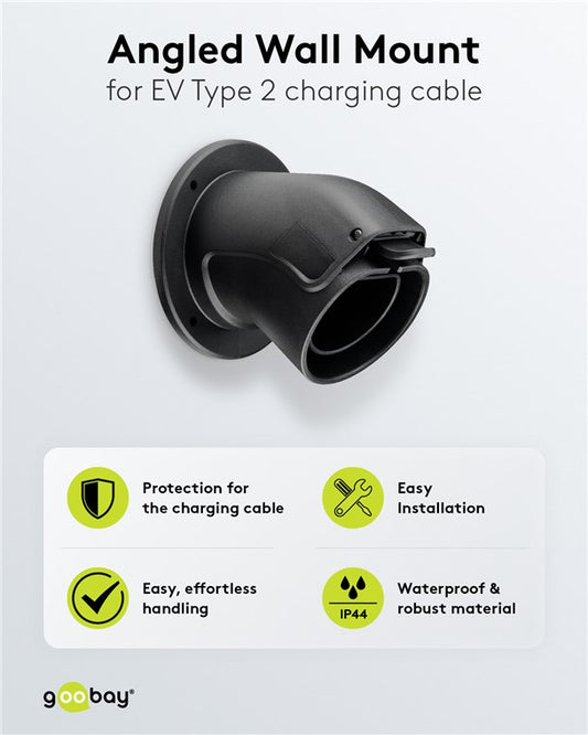 Angled wall bracket for Type 2 charging cable for electric vehicles