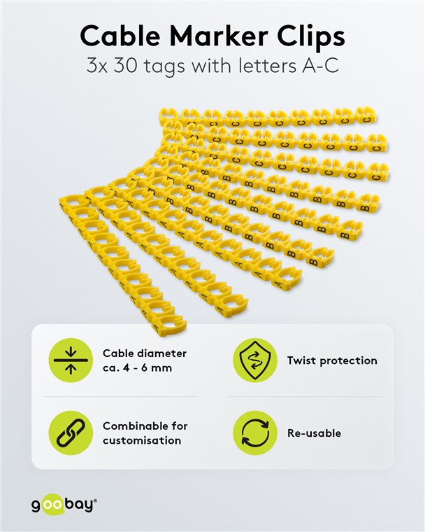 Kabelmarker-Clips "Buchstaben A-C", für Kabeldurchmesser von 5,6 - 7,4 mm