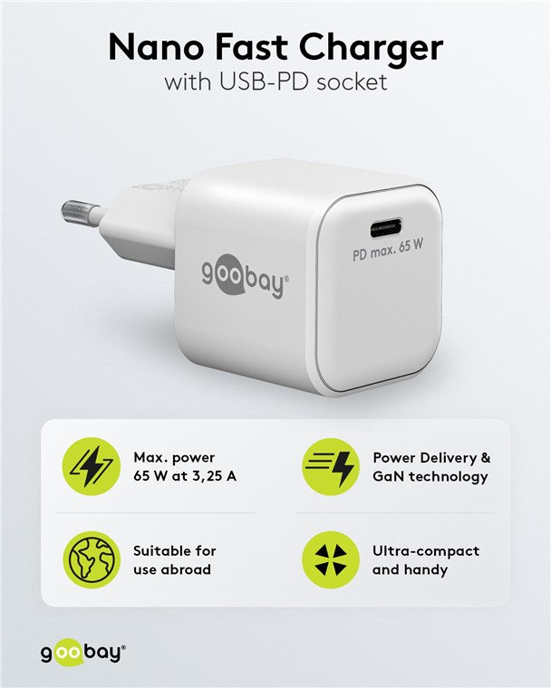 USB-C™ PD GaN hızlı şarj cihazı Nano (65 W) beyaz