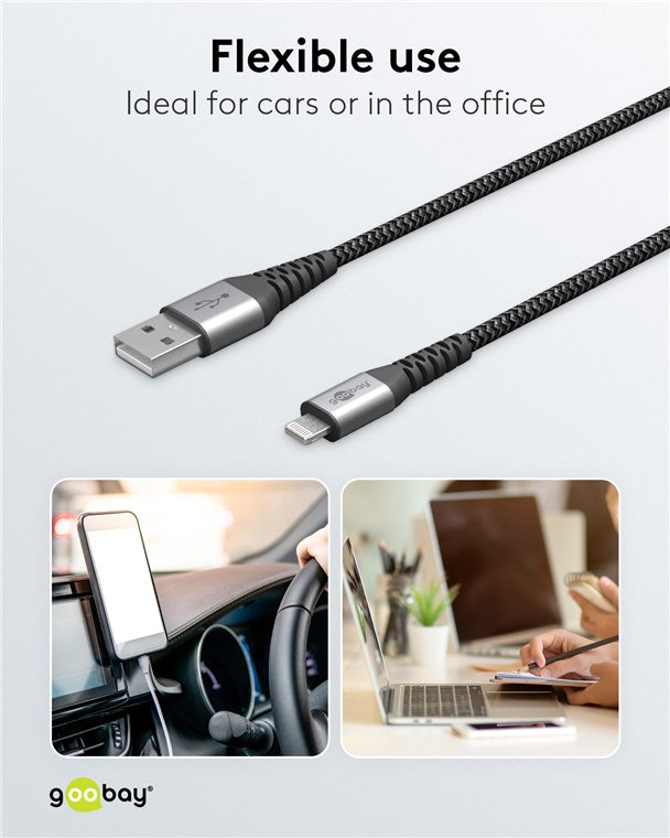 Lightning USB-A textile cable with metal connectors, 0.5 m