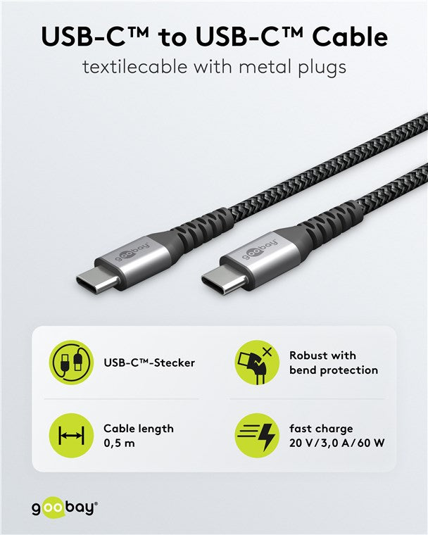 USB-C™-auf-USB-C™-Textilkabel mit Metallsteckern (spacegrau/silber), 0,5 m