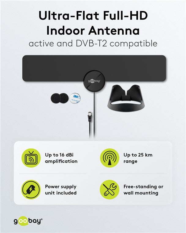 Ultra-flat active Full HD DVB-T2 indoor antenna, including LTE/4G filter
