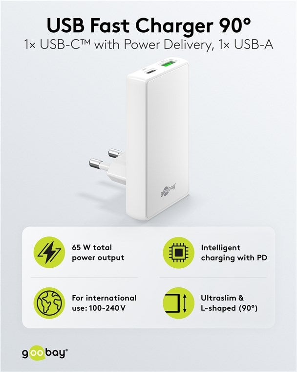 USB-C™ PD GaN Dual-Schnellladegerät 90° Flat (65 W) weiß