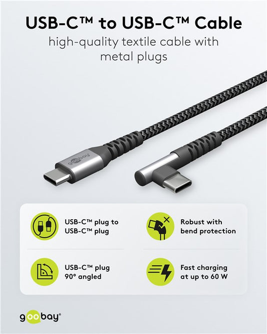 USB-C™-auf-USB-C™-Textilkabel mit Metallsteckern (spacegrau/silber), 90°, 1 m