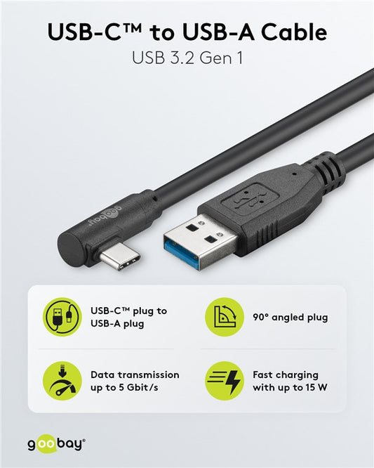 USB 3.0 USB-C™ - USB-A kablosu 90°, 0,5 m, siyah