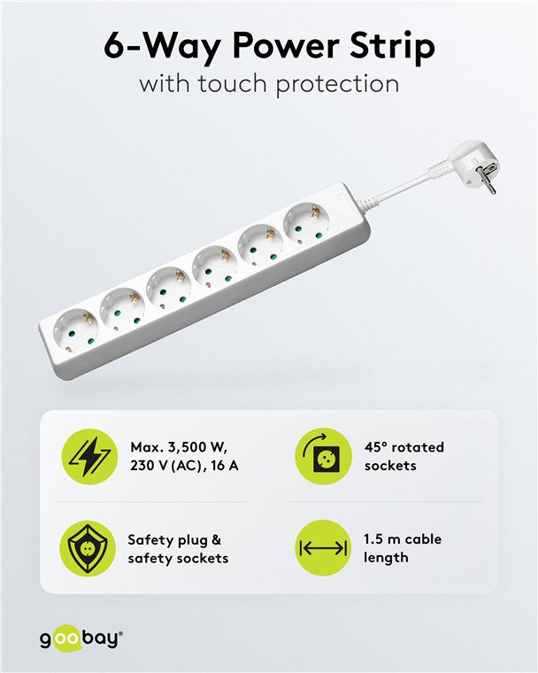 6 yollu uzatma kablosu, 1,5 m, beyaz
