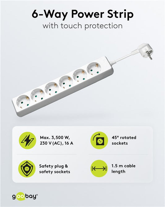 6 yollu uzatma kablosu, 1,5 m, beyaz