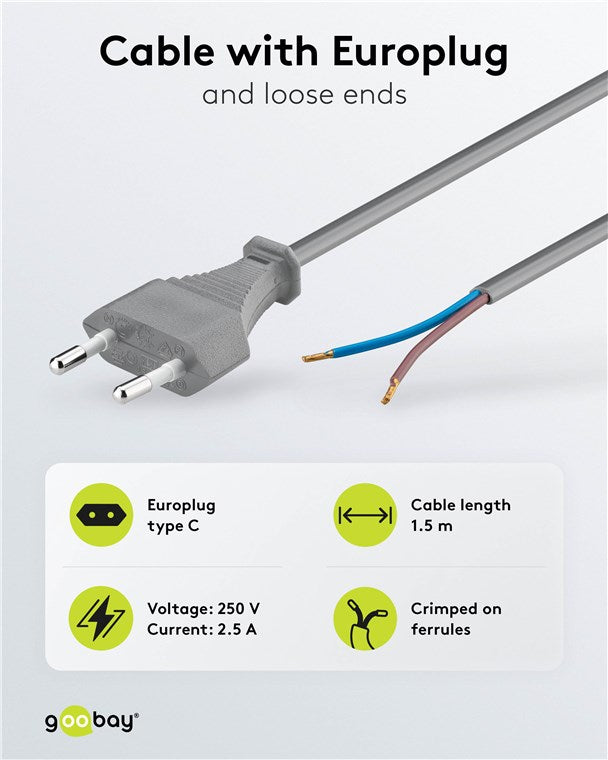 Kabel mit Eurostecker zum Konfektionieren, 1,5 m, Grau, (2*0,75 mm²)