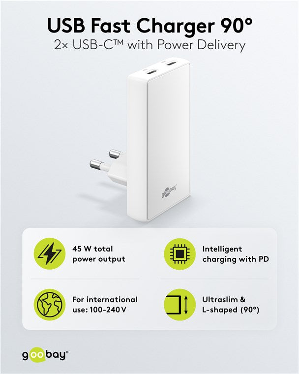 USB-C™ PD GaN Dual-Schnellladegerät 90° Flat (45 W) weiß