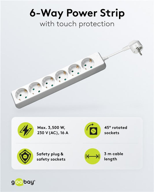 6 yollu uzatma kablosu, 3 m, beyaz