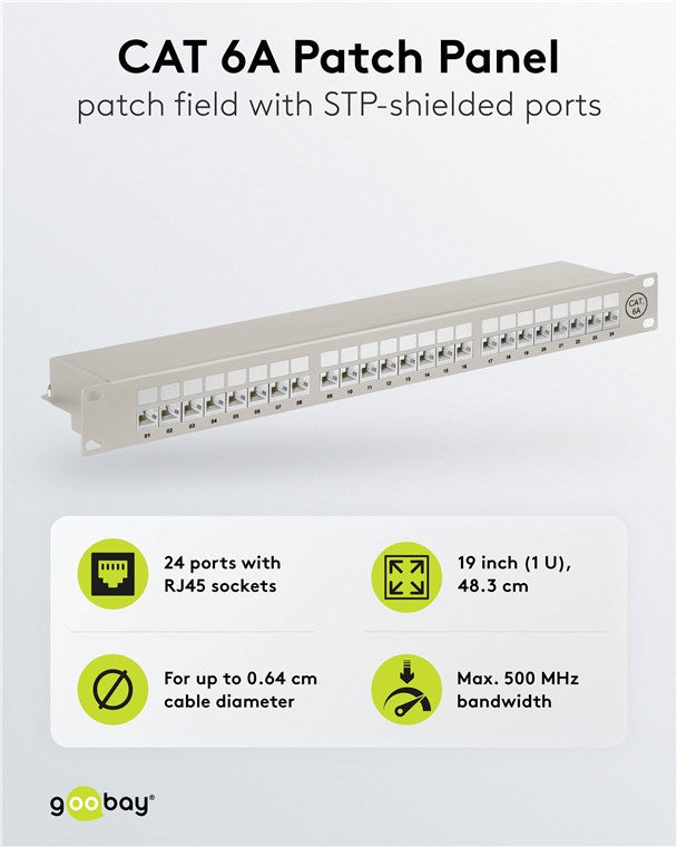 CAT 6A 19 Zoll (48,3 cm) Patch Panel, 24 Port, (1 HE)