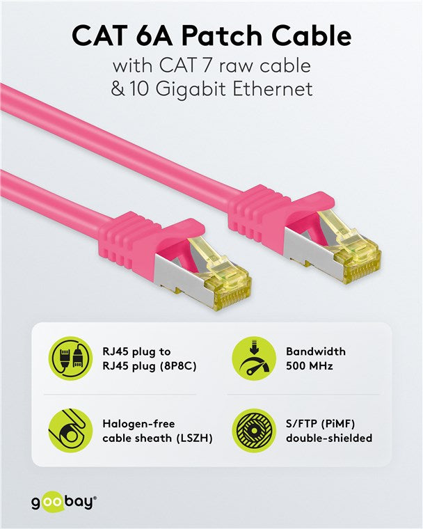 RJ45 patch cable CAT 6A S/FTP (PiMF), 500 MHz with CAT 7 raw cable, magenta