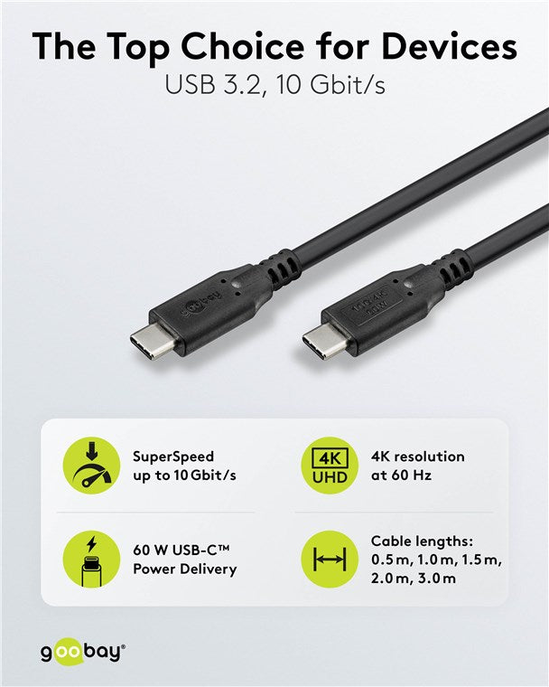 USB-C™-Kabel, USB 3.2, 60 W, 10 Gbit/s, Power Delivery, 1 m