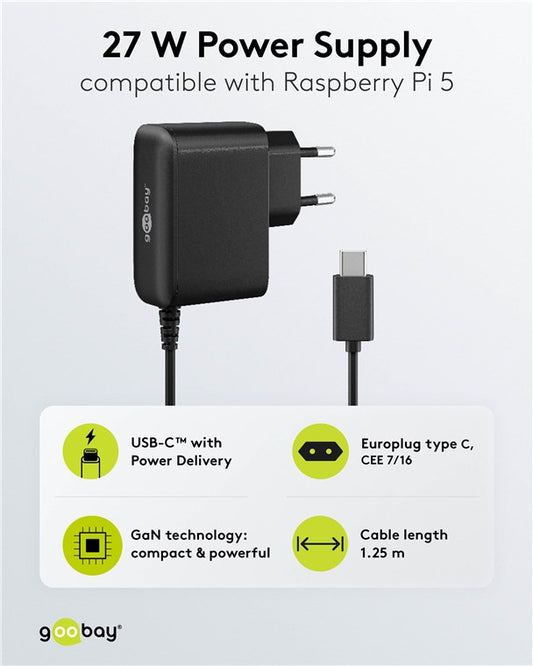 Netzteil für Raspberry Pi 5, 27 W, GaN, schwarz