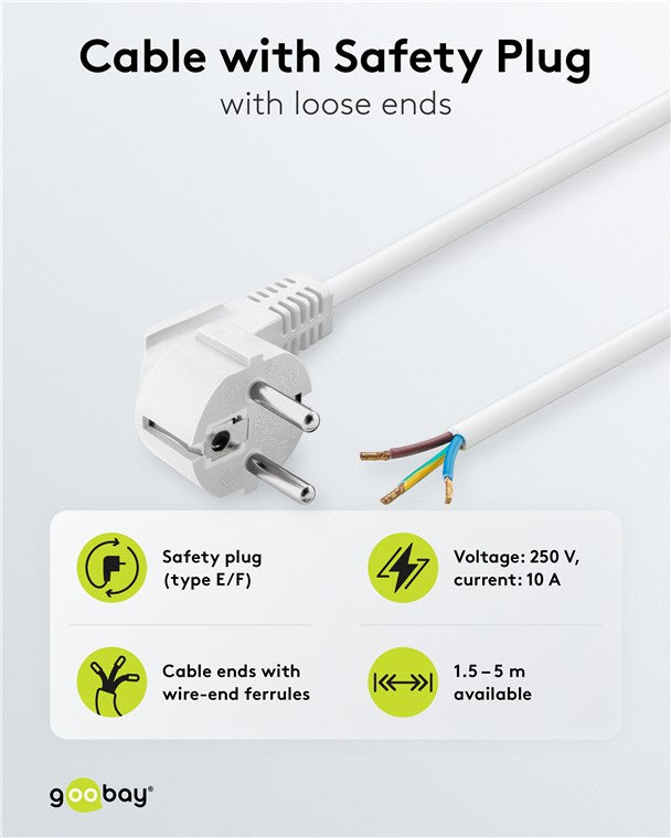 Schutzkontaktkabel abgewinkelt zum Konfektionieren, 3 m, Weiß, (3*1 mm²)