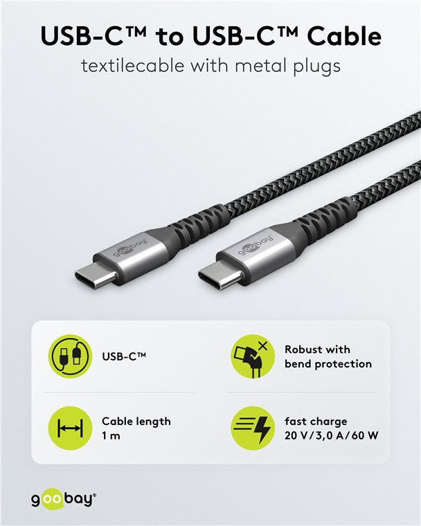 USB-C™-auf-USB-C™-Textilkabel mit Metallsteckern (spacegrau/silber), 1 m
