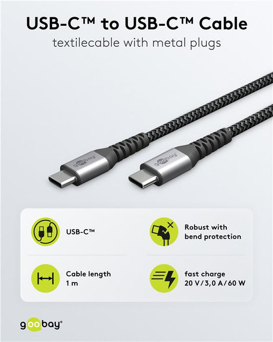 USB-C™-auf-USB-C™-Textilkabel mit Metallsteckern (spacegrau/silber), 1 m