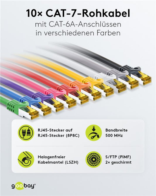 RJ45-Patchkabel CAT 6A S/FTP (PiMF), 500 MHz mit CAT 7 Rohkabel, 2 m, Set in 10 Farben