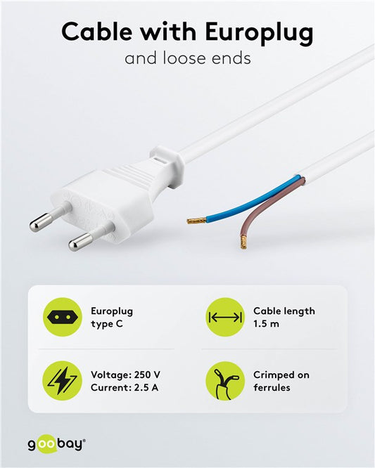 Kabel mit Eurostecker zum Konfektionieren, 1,5 m, Weiß, (2*0,75 mm²)