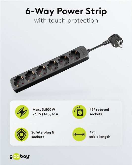 6 yollu uzatma kablosu, 3 m, siyah