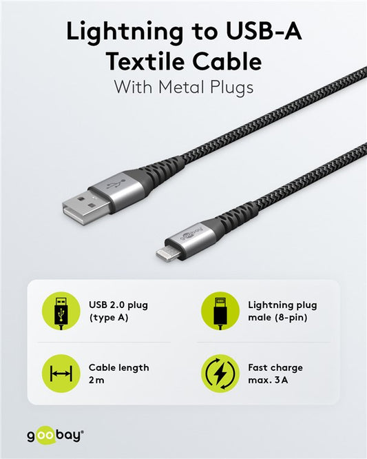 Lightning USB-A Textilkabel mit Metallsteckern, 2 m