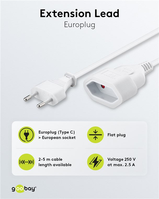 Verlängerungskabel Eurostecker, 3 m, weiß, (2*0,75 mm²)