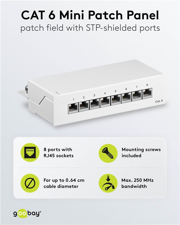 CAT 6 Mini/Desktop Patch Panel, 8 Port, (1 HE)