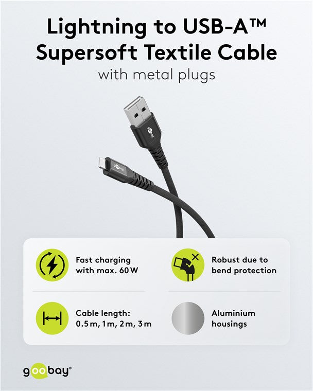 Lightning auf USB-A Supersoftes Textilkabel mit Metallsteckern, 0,5 m