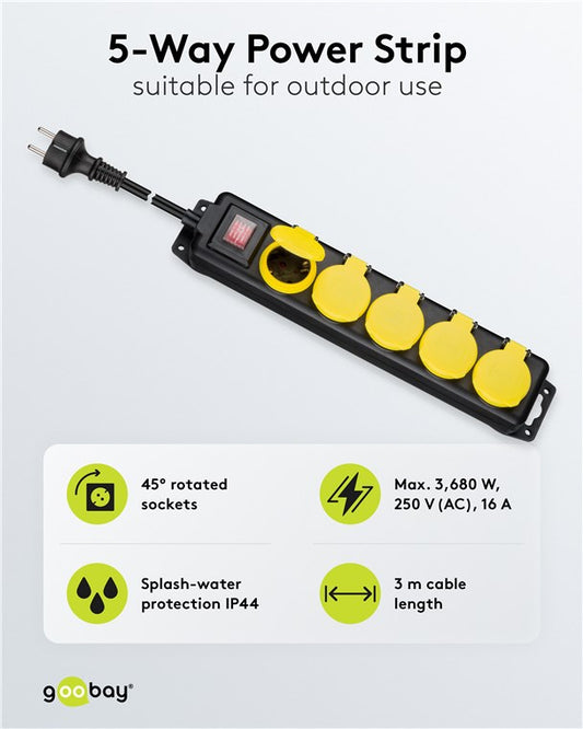5-way power strip, splash-proof, 3 m