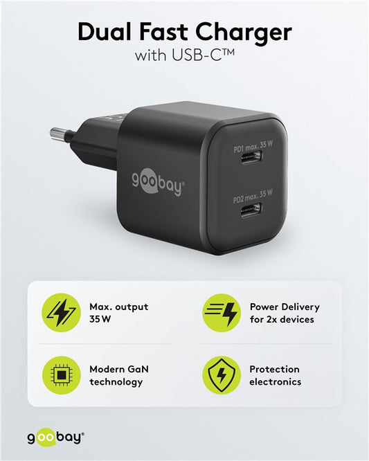 USB-C™ PD GaN Dual-Schnellladegerät Nano (35 W) schwarz