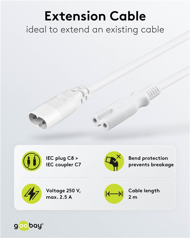 Verlängerungskabel C7/C8, 2 m, Weiß, (2*0,75 mm²)