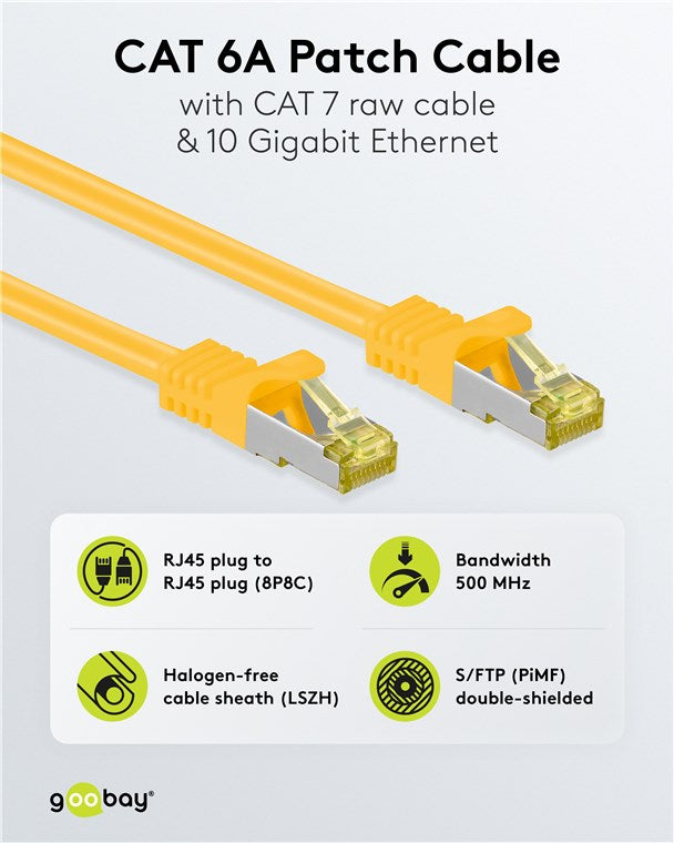RJ45 Patchkabel CAT 6A S/FTP (PiMF), 500 MHz mit CAT 7 Rohkabel, gelb