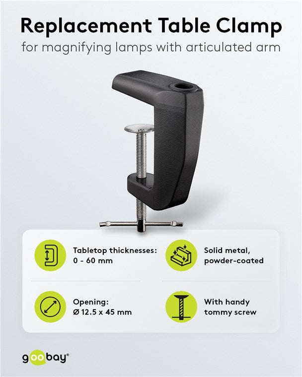Replacement table clamp for magnifying lamps with articulated arm, black