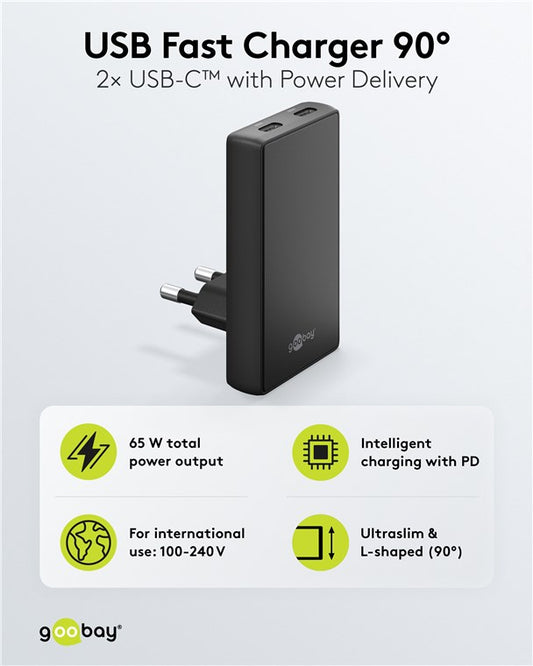 USB-C™ PD GaN Dual-Schnellladegerät 90° Flat (65 W) schwarz