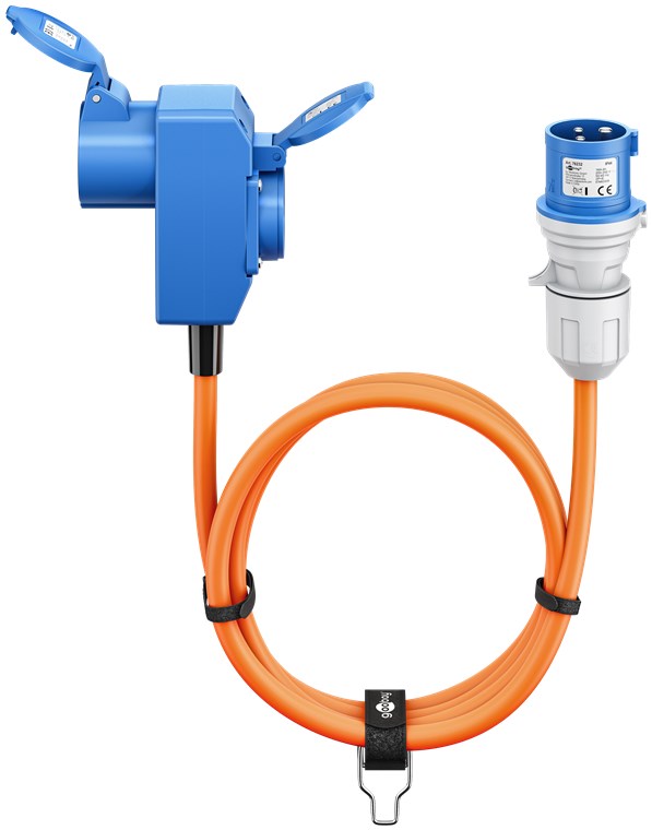 CEE-Adapterleitung, CEE-Stecker auf 90° CEE-Kupplung und Schutzkontakt-Kupplung, 5 m