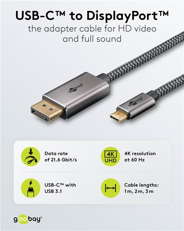 USB-C™-auf-DisplayPort™-Textilkabel 4K @ 60 Hz, 1 m, schwarz;silber