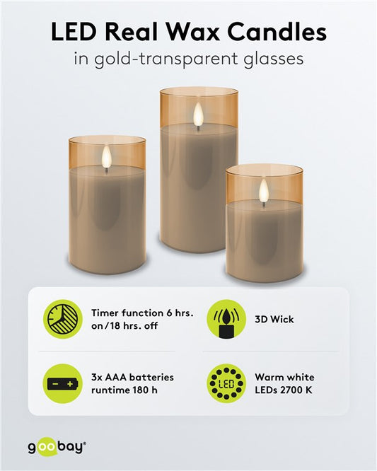 3er-Set LED-Echtwachs-Kerzen im Glas, gold-transparent, inkl. 10x AAA (LR03)
