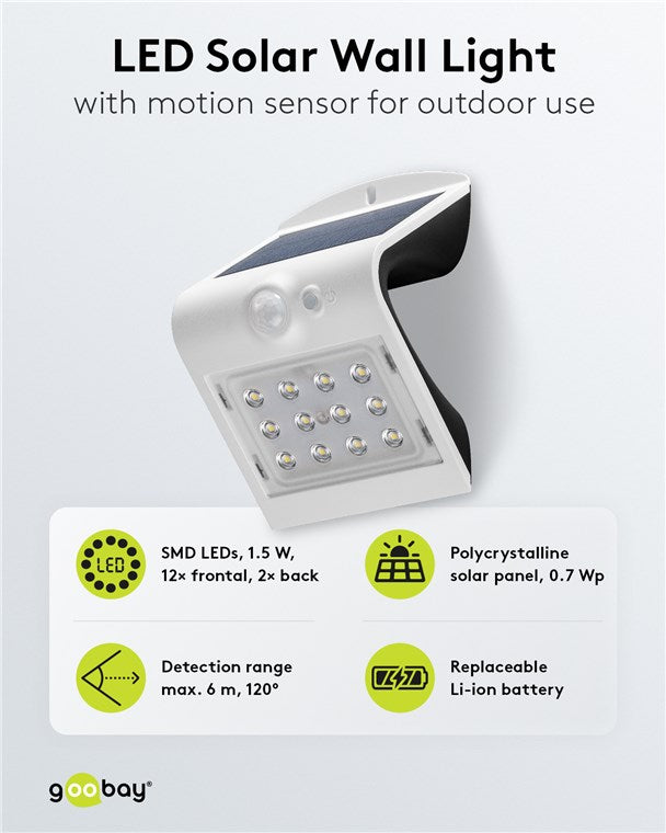 Hareket dedektörlü LED solar duvar lambası, 1,5 W, beyaz