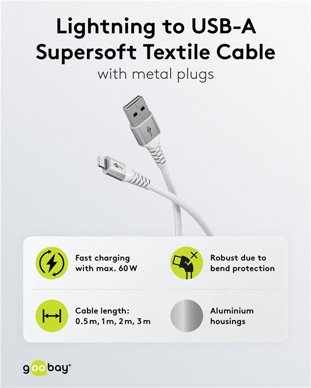 Lightning auf USB-A Supersoftes Textilkabel mit Metallsteckern, 3 m