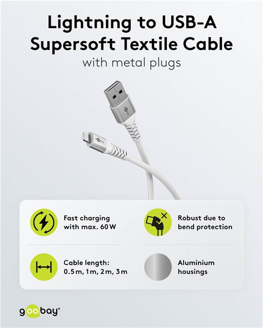 Lightning auf USB-A Supersoftes Textilkabel mit Metallsteckern, 3 m