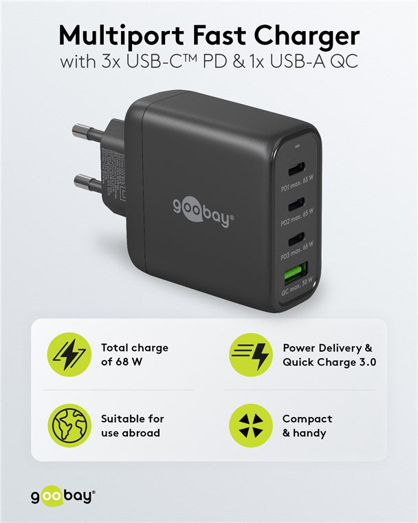 USB-C™ PD GaN Multiport-Schnellladegerät (68 W) schwarz