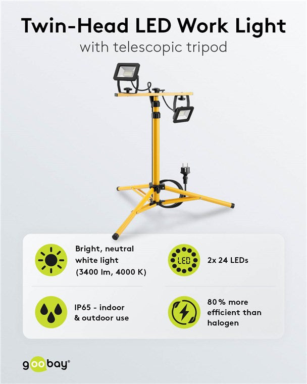 LED construction spotlight with telescopic tripod, 2x 20 W