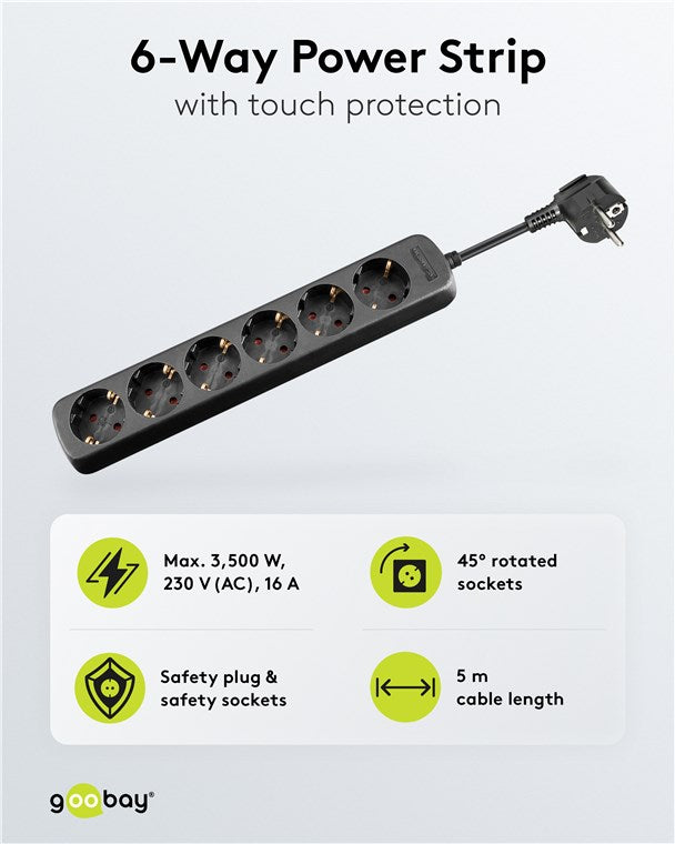 6 yollu uzatma kablosu, 5 m, siyah