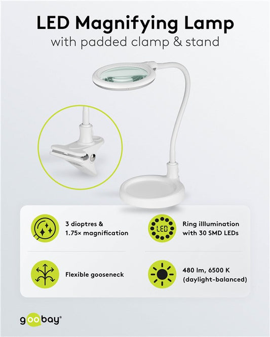 LED stand/clamp magnifying lamp, 6 W, white