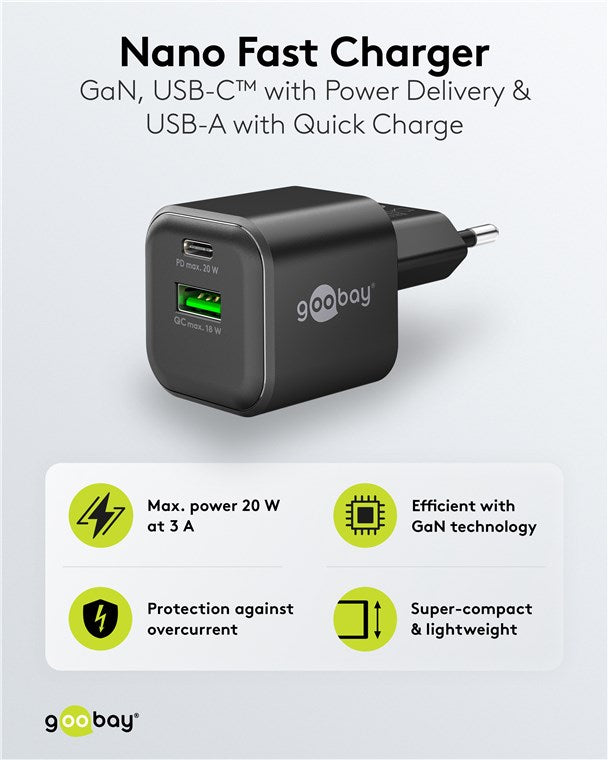 USB-C™ PD GaN Dual-Schnellladegerät Nano (20 W) schwarz